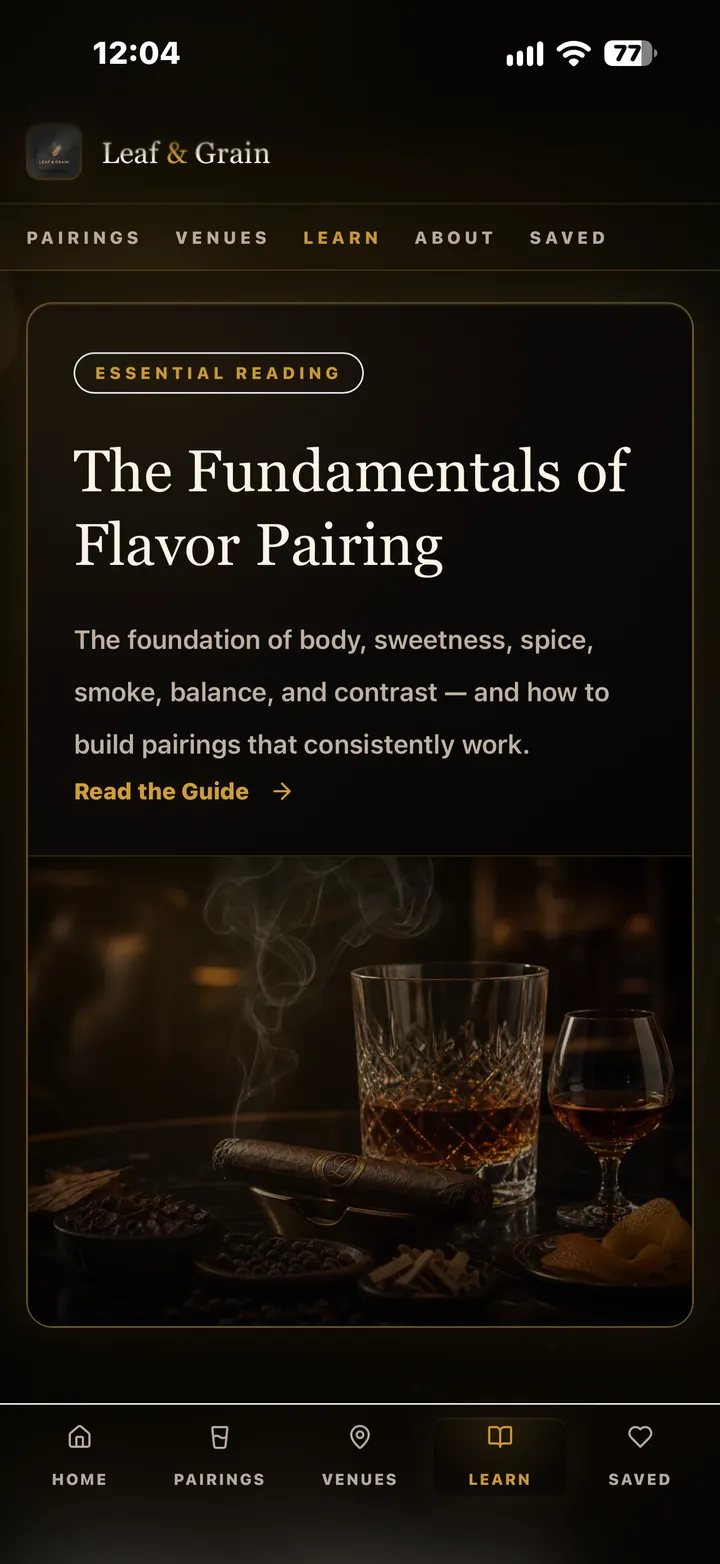 Leaf N Grain on iPhone, Learn screen: “The Fundamentals of Flavor Pairing.”