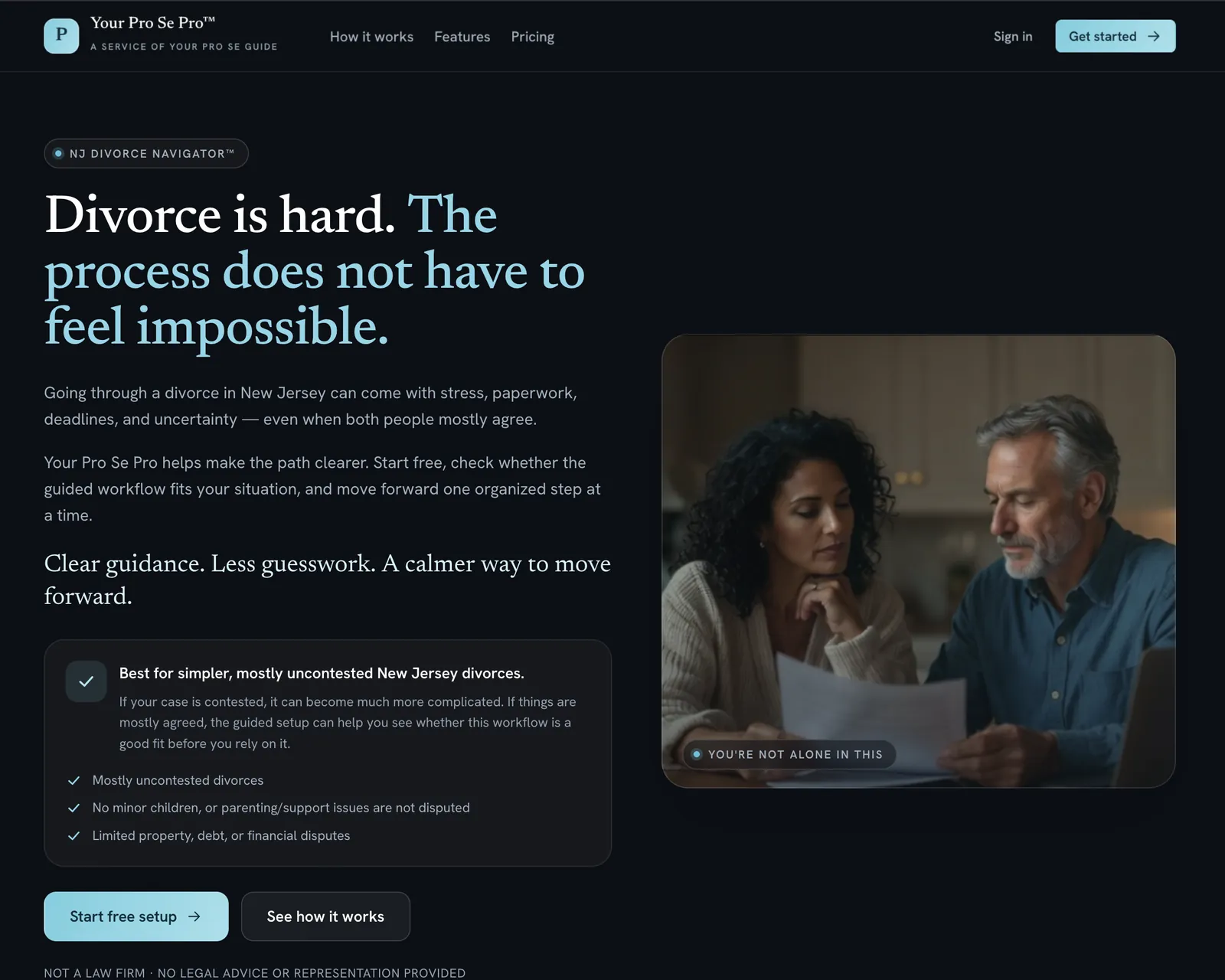 Your Pro Se Pro home screen: “Divorce is hard. The process does not have to feel impossible.” NJ Divorce Navigator.